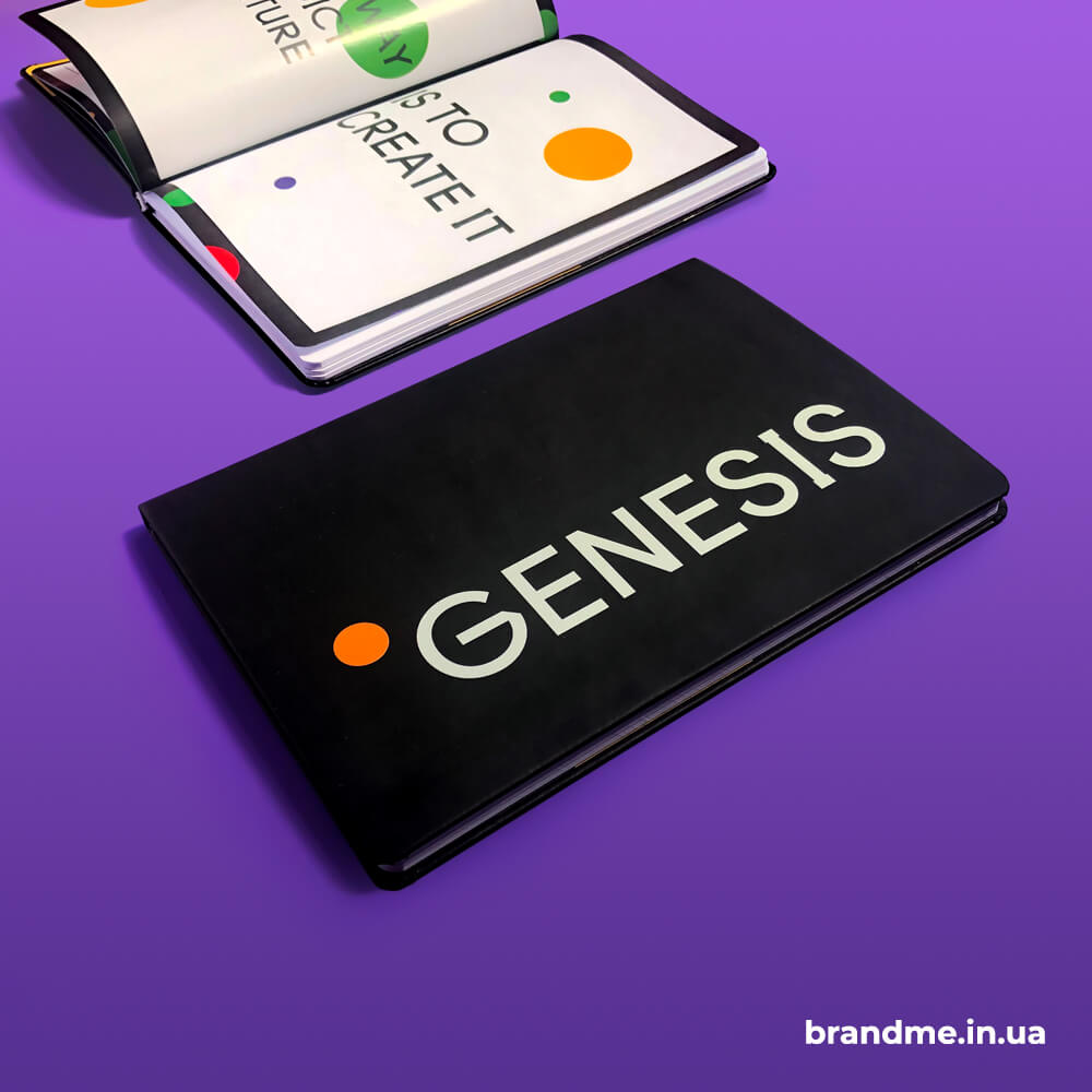 УФ-друк логотипу на обкладинці та індивідуальне наповнення блокноту для GENESIS