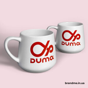 Білі чашки з червоним логотипом Duma, сучасний корпоративний посуд для офісу та подарунків