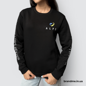 Стильний чорний світшот із брендуванням ALPS . Чорний світшот з логотипом ALPS на грудях та принтом на рукавах