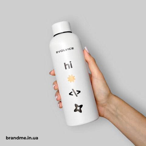 Білі металеві пляшки EVOLVICE з індивідуальним нанесенням логотипу та графічних елементів